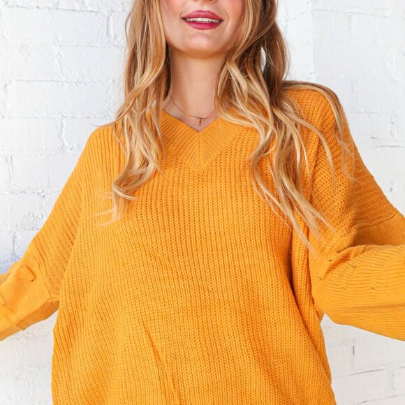 New Mustard V Neck Chunky Textured Bubble Sleeve Sweater 3x - Picture 3 of 8